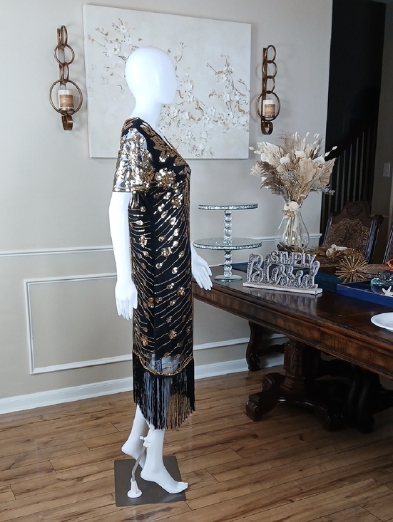 Black & Gold Art Deco Floral Cocktail Fringe V-Neck Beaded Dress New Large - Picture 16 of 16